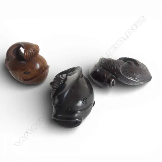 JAPANESE CARVED WOOD NETSUKE OF TWO KOI CARP, SIGNED + NAMAZU, SIGNED &  A KUJIRA, SIGNED, H.35mm