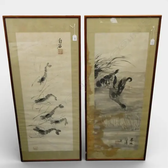 TWO CHINESE ARTWORKS: 1 attributed Qi Baishi of Shrimps. Other with duck semi submerged. Both with faults. 840 x 310mm