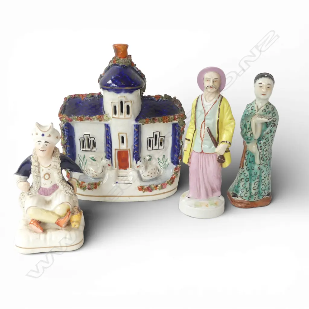4 PCES STAFFORDSHIRE; 3 FIGURES(2 ORIENTAL, 1 TURKISH? IN TURBAN) + HOUSE H.185mm hairlines Image 1++