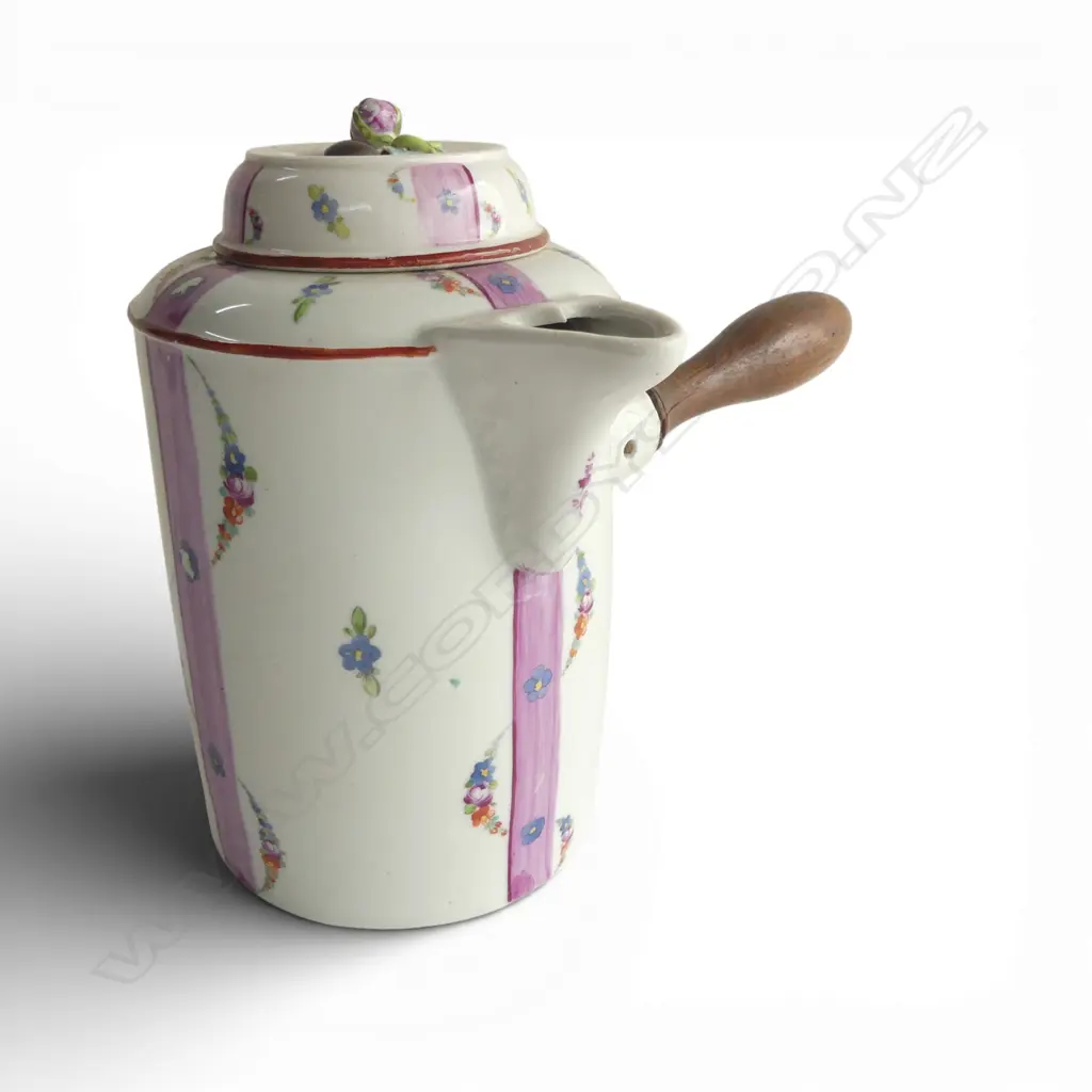 c1800 PROBABLY LIMOGE PORCELAIN HOT CHOCOLATE POT finely hand painted florals. Wood handle. Minor faults. H.180mm  Image 1++