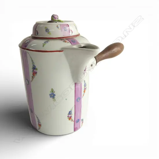 c1800 PROBABLY LIMOGE PORCELAIN HOT CHOCOLATE POT finely hand painted florals. Wood handle. Minor faults. H.180mm 