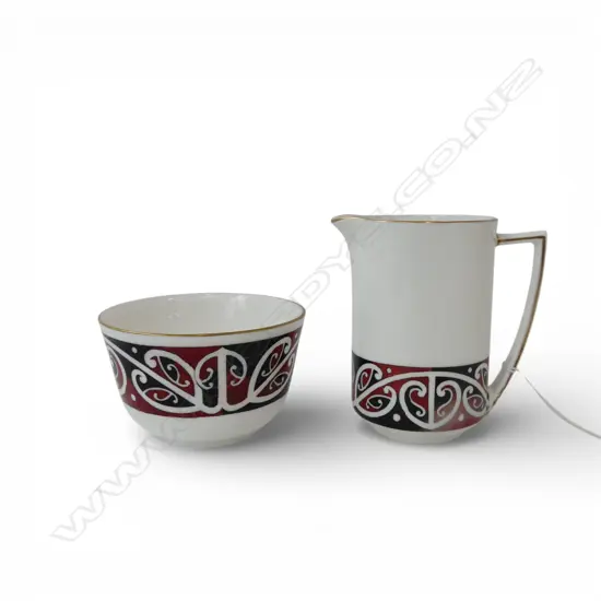 Royal Doulton 'Māori Art' sugar bowl & cream jug printed marks to base