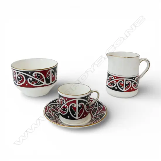 Royal Doulton 'Māori Art' demi tasse cup & saucer + sugar bowl & cream jug