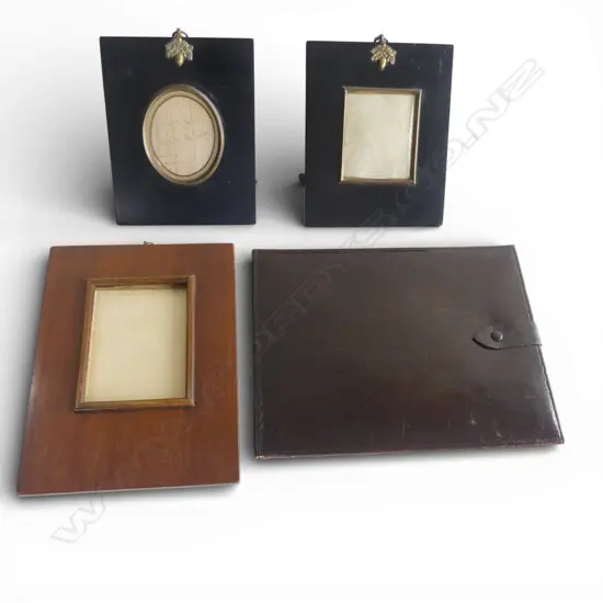4 VINTAGE PHOTO FRAMES, 3 WOOD & 1 LEATHER