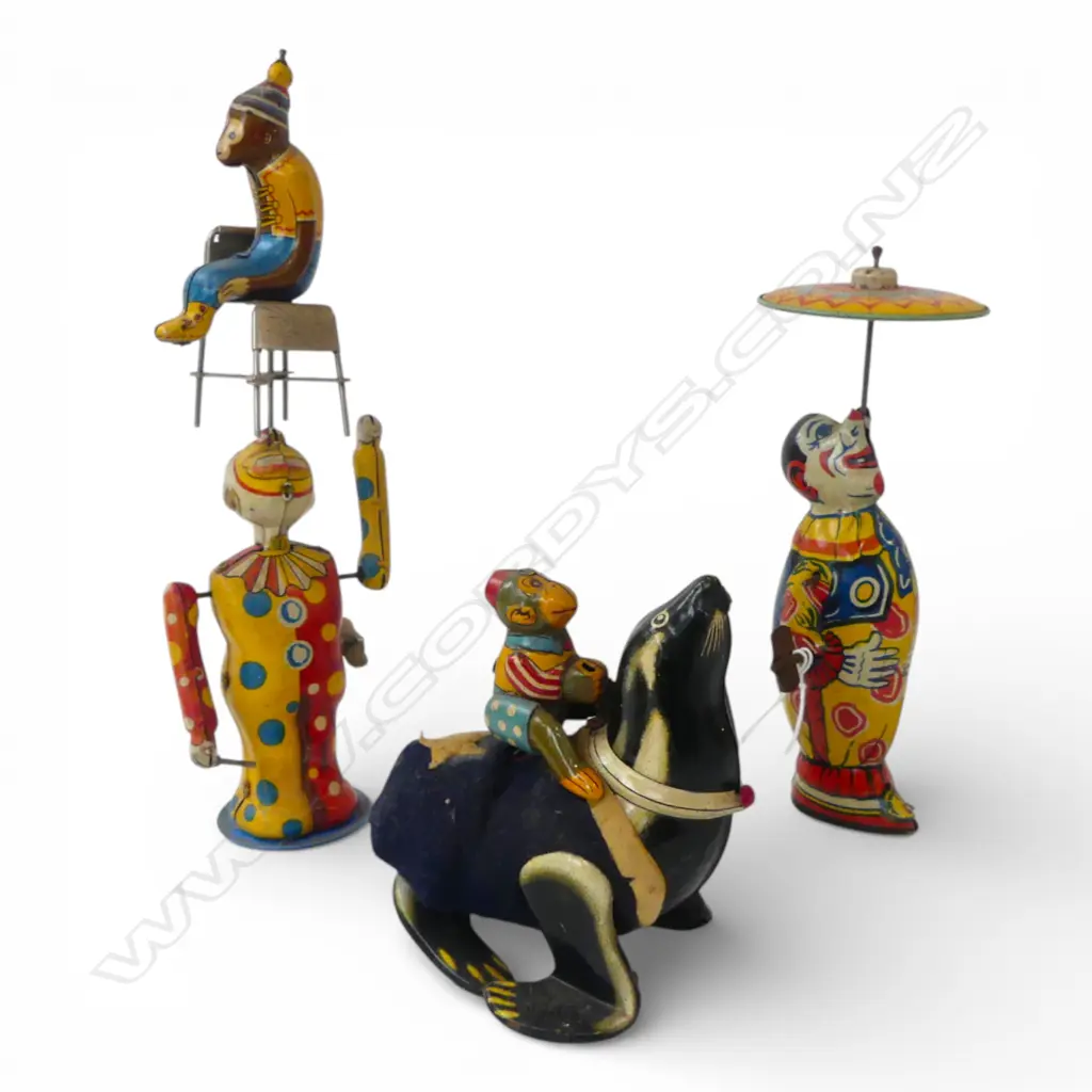 3 VINTAGE WIND UP TIN TOYS; 2 CLOWNS H.240mm + MONKEY ON SEAL Image 1++
