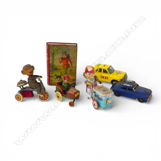 6 ASST. VINTAGE TIN TOYS; 3 CARS, ICECREAM, MONKEY, COIN BOOK