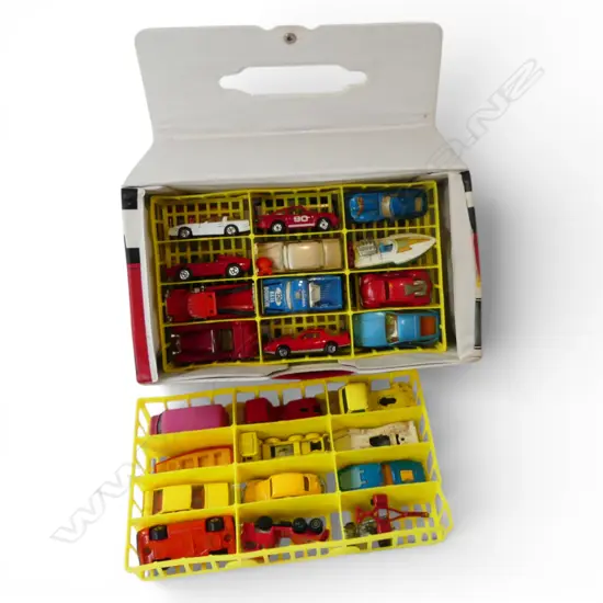 Matchbox carry case with collection of play worn Matchbox & other cars & vehicles on 3 internal trays