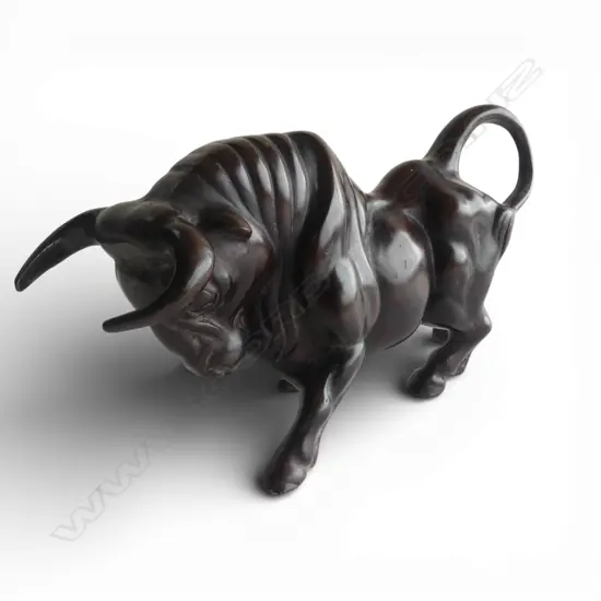 BRONZE PATINA CHARGING BULL SCULPTURE L.240mm