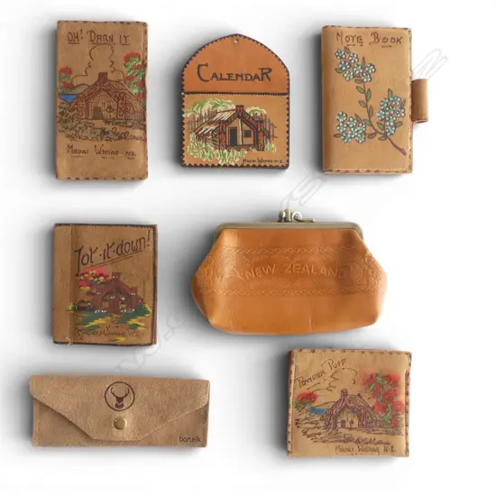 7 VINTAGE SOUVENIR MAORI DECORATED & OTHER LEATHER PURSES + FOLDERS ETC