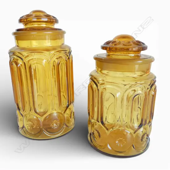 2 AMBER GLASS VINTAGE LOLLY JARS H300 & 250MM