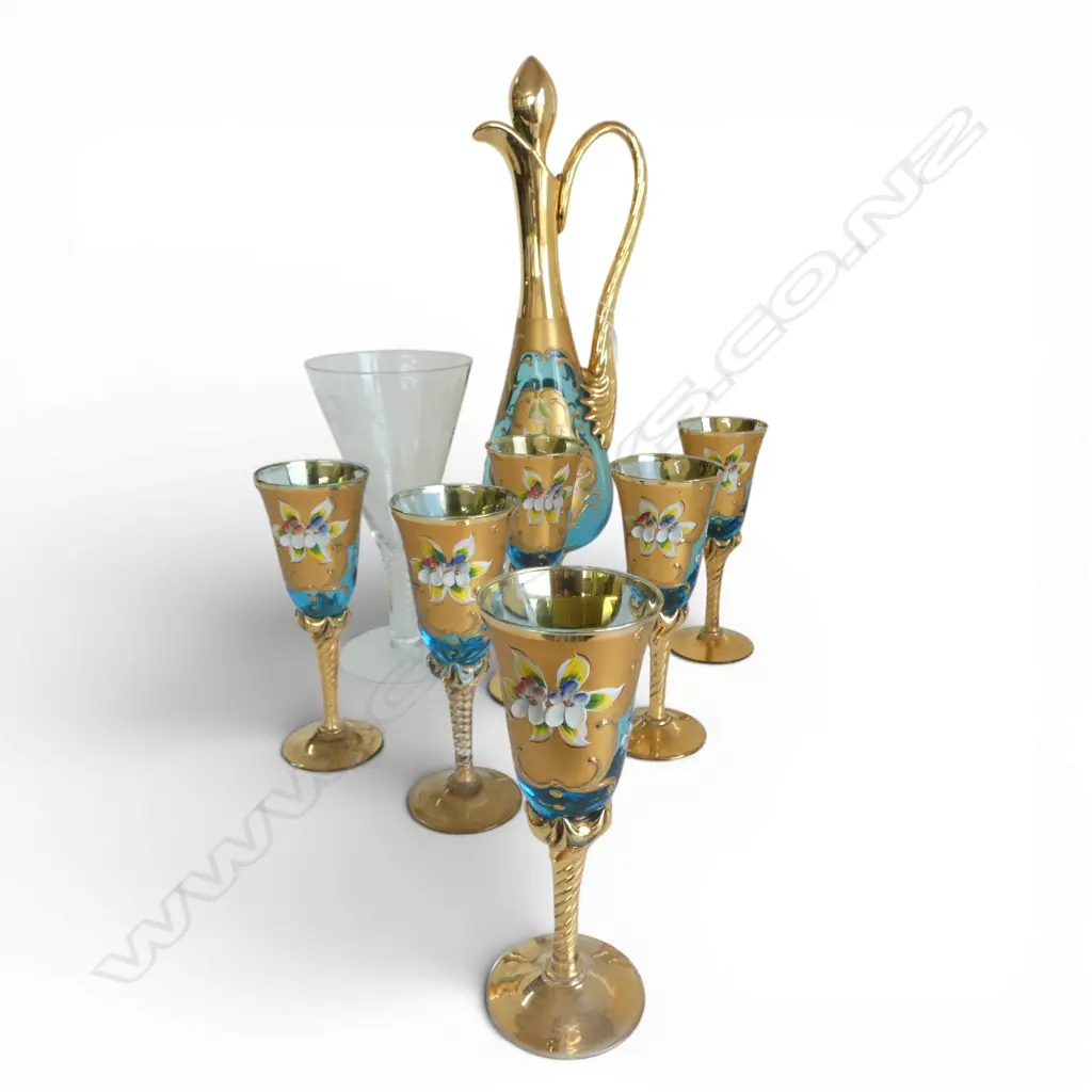 VENETIAN GLASS DECANTER & 6 WINE GLASSES H.370 + AIR STEM ACID ETCHED GLASS H.195mm Image 1++