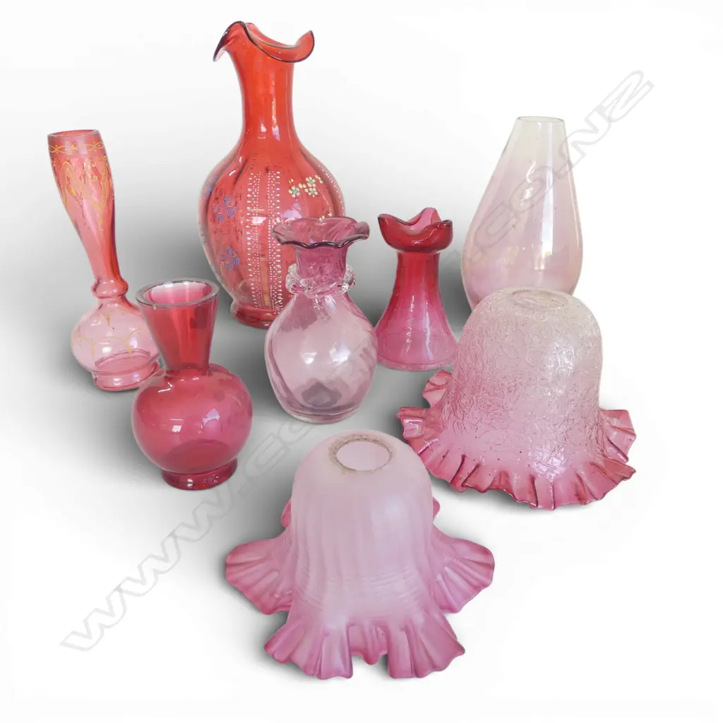 COLLECTION OF CRANBERRY GLASS LIGHT SHADES  VASES ETC Image 1++