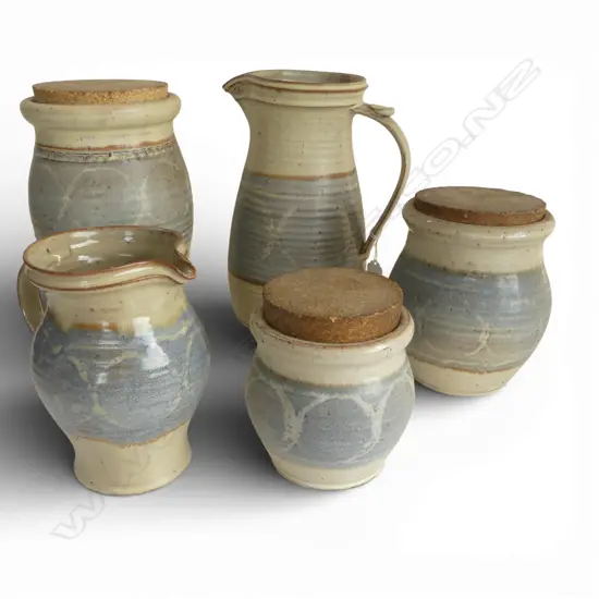 CARRICK OLIVER STUDIO POTTERY; 2 JUGS + 3 LIDDED CONTAINERS H.265mm