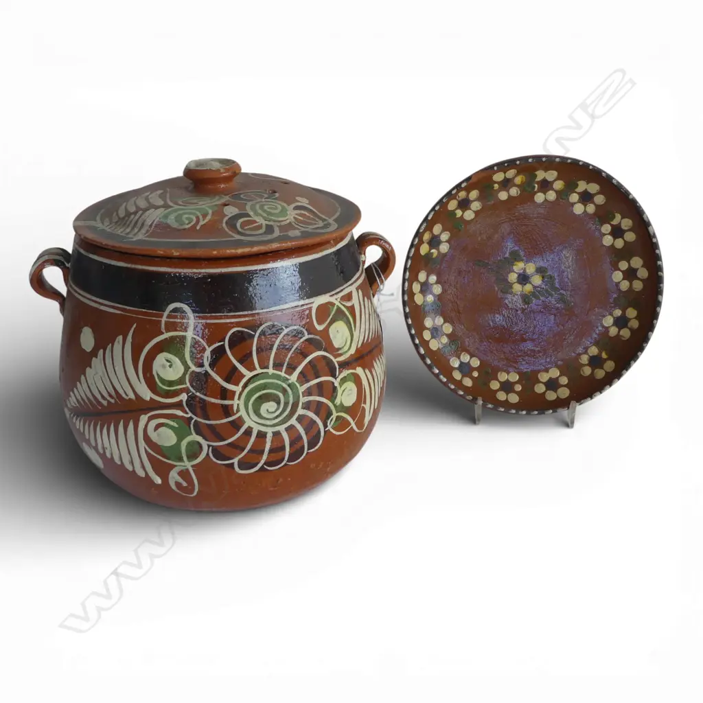 MEXICAN POTTERY LIDDED CONTAINER H.210mm & PLATE 205mm dia Image 1++