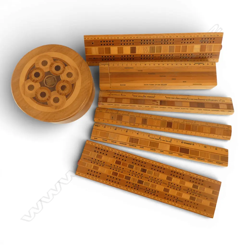 BOX OF NZ SOUVENIR WOOD ITEMS: rulers + pencil case + cribbage boards + inlaid lidded box.... Image 1++