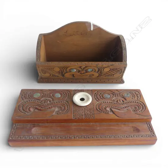 CARVED WOODEN MAORI DESIGN INKWELL W.305mm & LETTTERS BOX