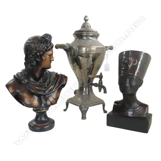 OLD SILVER PLATE SAMOVAR wrong lid + 2 classical sculptures: Alexander & Nefertiti