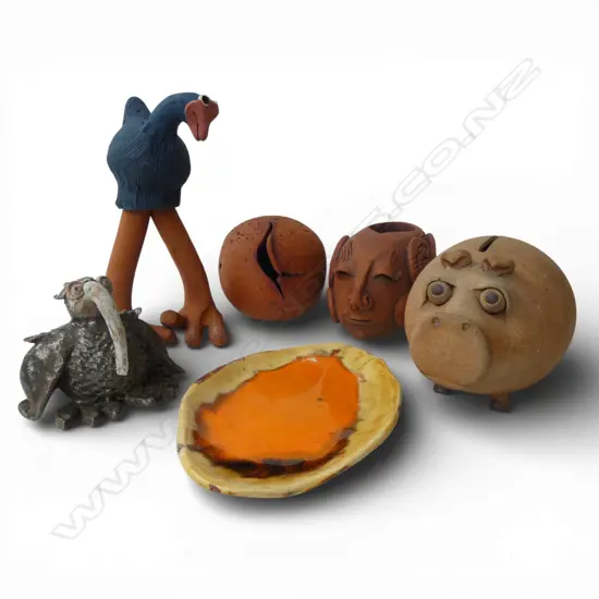 6 STUDIO POTTERY PCES; PIG, 2 BIRDS H.250mm, DISH, 2 TERRACOTTA PCES