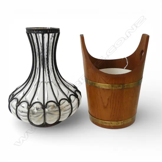WOOD BRASS BOUND WINE BUCKET+ LOBED METAL BOUND GLASS VASE H.310mm