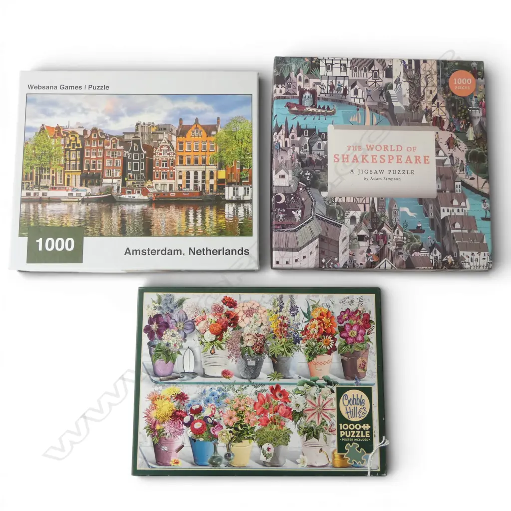 THREE 1000PC JIGSAW PUZZLES COMPLETE – SHAKESPEARE, AMSTERDAM, BOUQUET  Image 1++