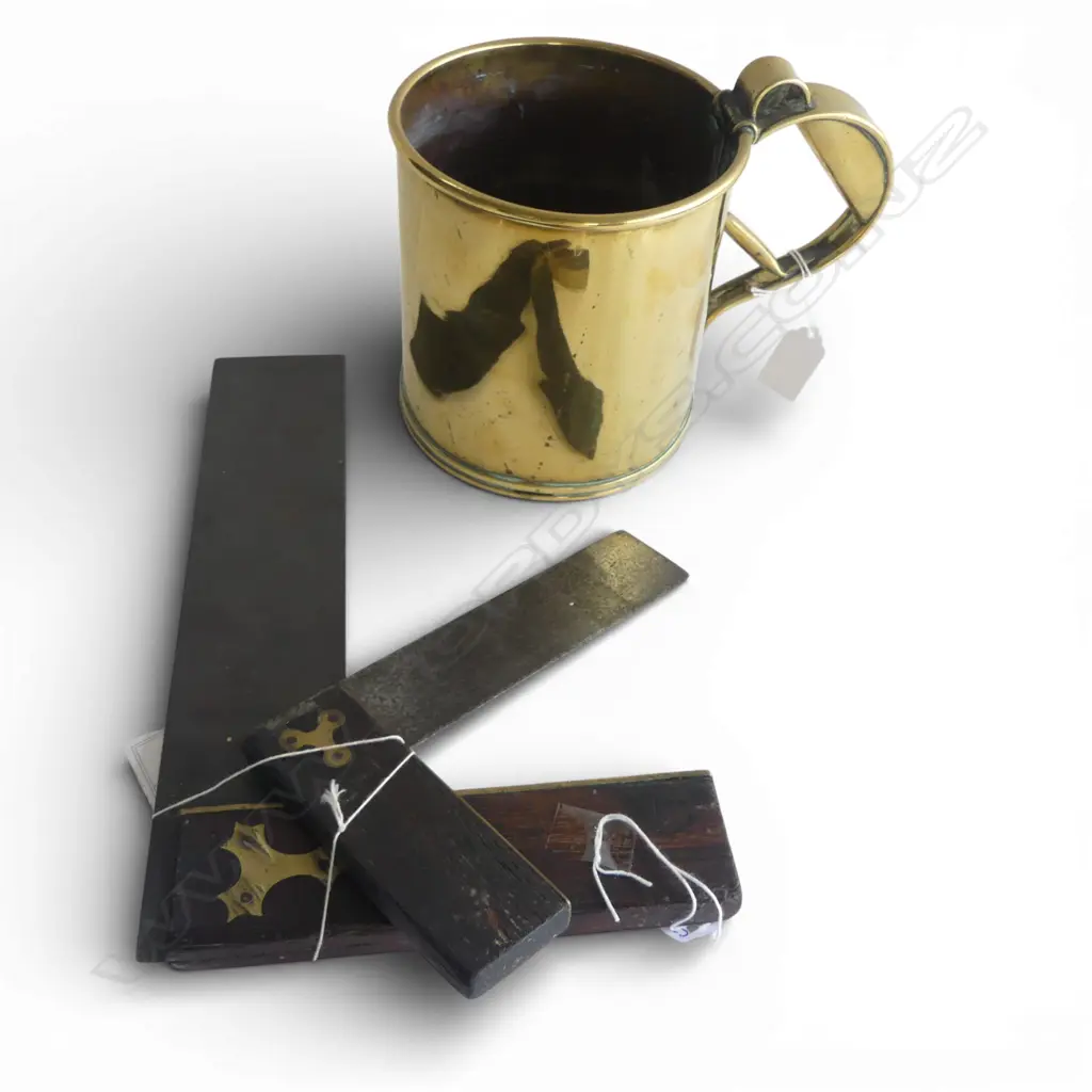 VICT BRASS MUG H150MM & 2 EDWARDIAN CARPENTERS SQUARES Image 1++