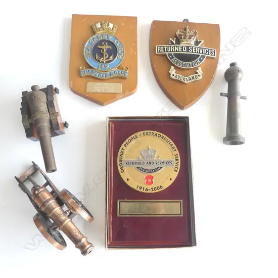 3 WALL MOUNTING 'RETURNED SERVICES' X 2 + SEA CADET CORPS + 3 SMALL MODEL CANONS 