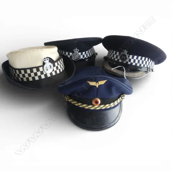 3 VINTAGE POLICE CAPS + GERMAN RAILWAY OFFICALS UNIFORM VISOR CAP