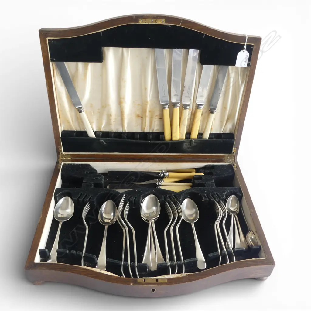 OAK CANTEEN OF ASST. CUTLERY Incl. IVORINE 'BONE' HANDLE BUTTER KNIVES Image 1++