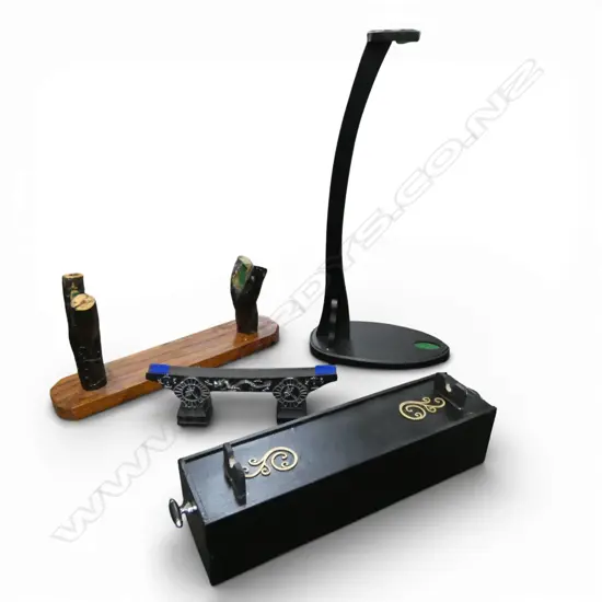 4 JAPANESE SWORD STANDS VARIOUS. One with box base for cords etc