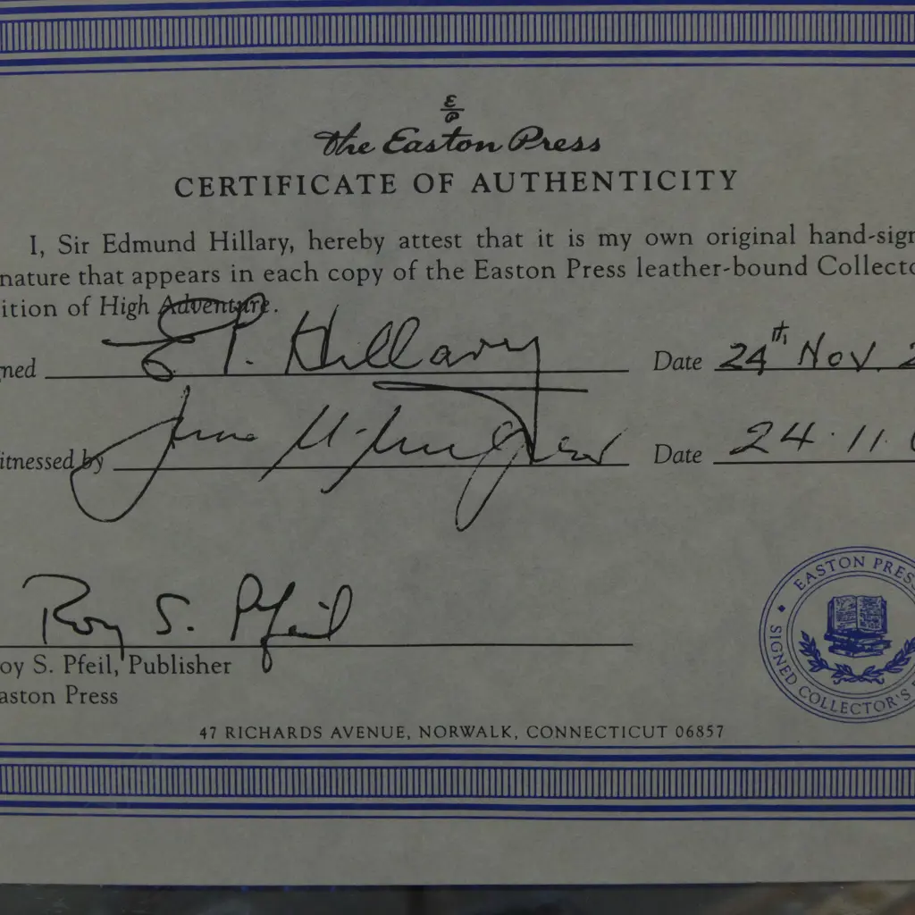 RARE SIGNED COPY OF SIR EDMUND HILLARY'S HIGH ADVENTURE, EASTON PRESS LEATHER-BOUND COLLECTOR'S EDITION  Image 1++