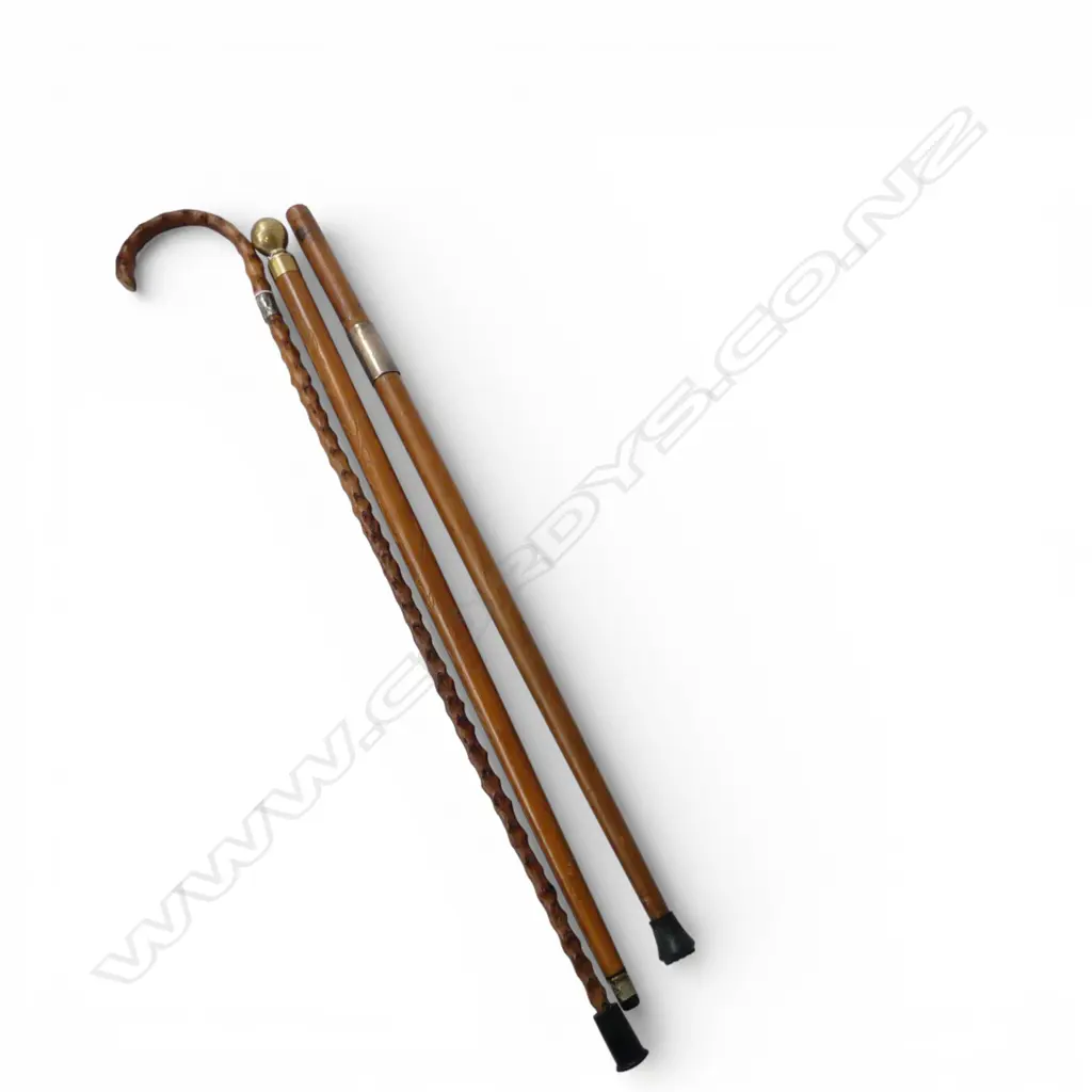 2 WALKING STICKS one with stg silver collar & other BRASS topped unscrewing to pool cue L.940mm Image 1++