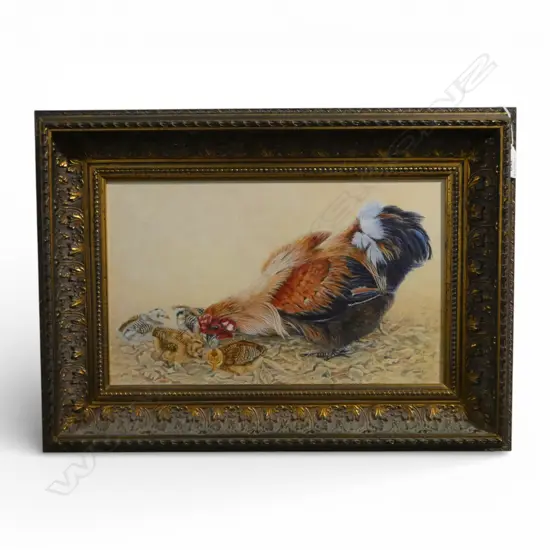 M. GEBBIE, HEN w. CHICKS, ACRYLIC ON BOARD 230x380mm