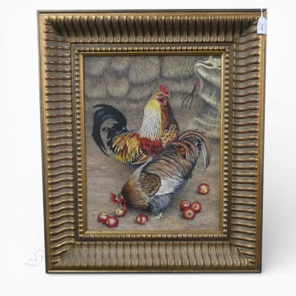 M. GEBBIE, 2 ROOSTERS w. APPLES, ACRYLIC ON BOARD 400x310mm Image 1++