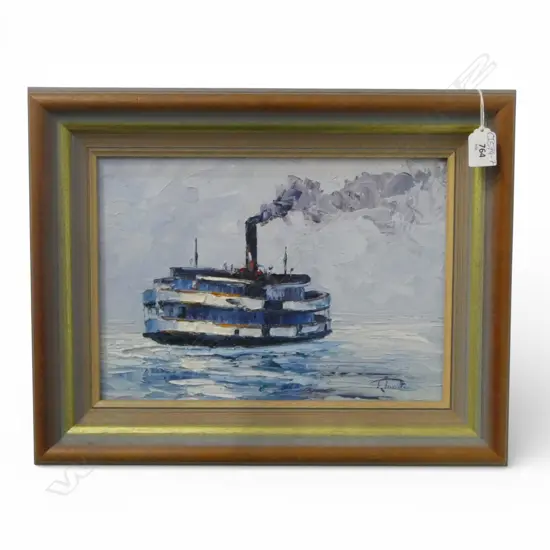 SIGNATURE INDISTINCT, OIL PAINTING OF BIRKENHEAD'S SS TOROA, NORTH SHORE TIMES PAPER CLIP VERSO DATED 1996, 235x330mm