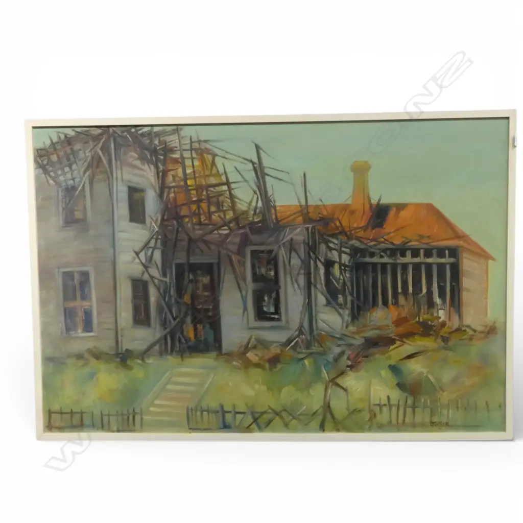 B. E. TUCKER 'OLD KAURI HOUSE / GUTTED' OIL ON BOARD 800x1210mm Image 1++