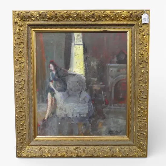 PETER REID 'LADY ON A CHAIR' OIL ON BOARD 425x370mm