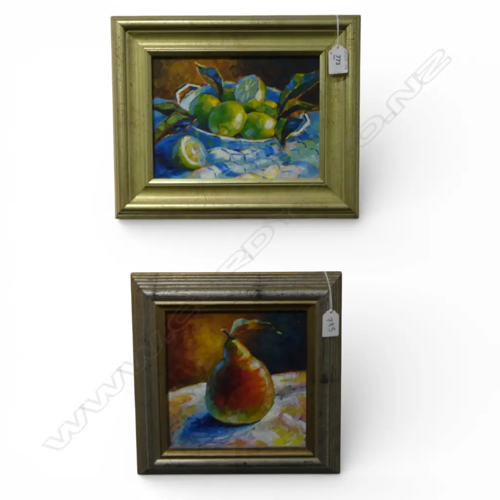 DEIRDRE HATRICK-SMITH, 'PEAR' & 'LEMONS', ACRYLIC ON BOARD (2), 190 X 190mm & 155 x 220mm Image 1++