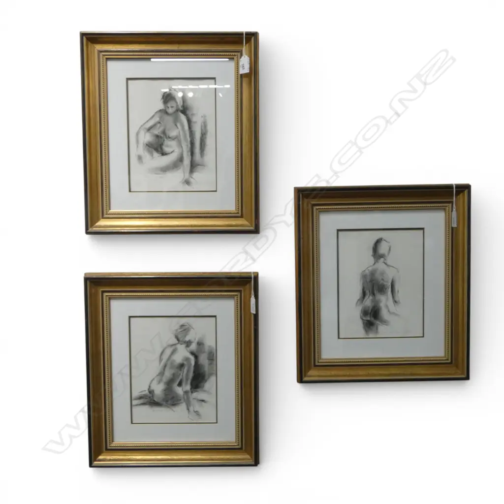 DEIRDRE HATRICK-SMITH, THREE NUDE STUDIES, CHARCOAL, 240 X 180mm (EACH) IN GILDED FRAMES Image 1++