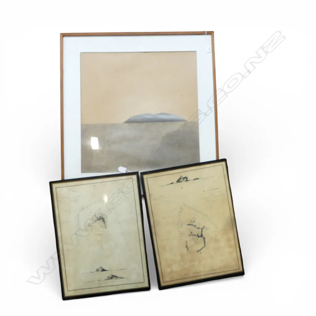 GEOFFREY TUNE, GULF, GRAPHITE ON PAPER, 560x550mm foxing + 2 FRAMED MAPS Image 1++