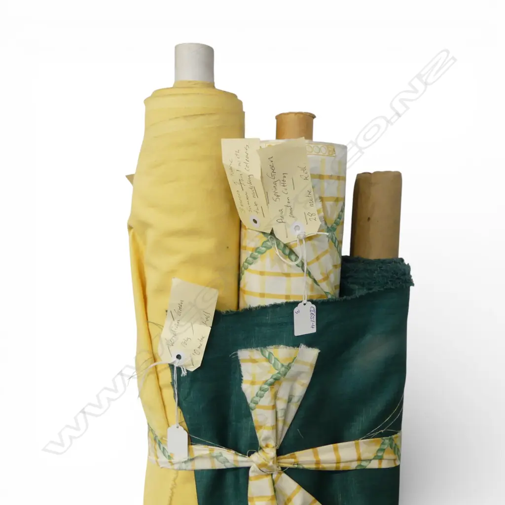 3 FABRIC BOLTS; SUN DANCE YELLOW, COTTON, 10M, ARIA SPRING GREEN, PRINT ON COTTON, 28M & VIRIDIAN GREEN, POLY, 10M Image 1++