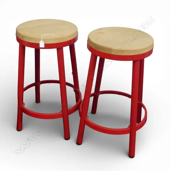 PR RED PAINTED METAL BAR STOOLS with pale wood tops
