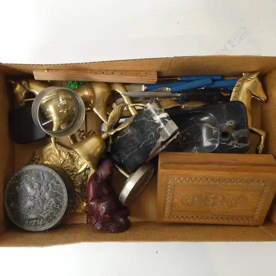 ASST. ITEMS; MICROSCOPE ON STAND, PR BRASS HORSES ETC