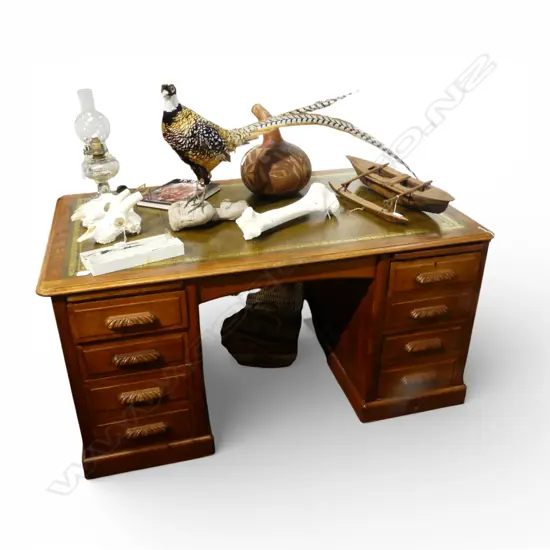 OAK TWIN PEDESTAL DESK tooled green leather top 1540x890x770mm