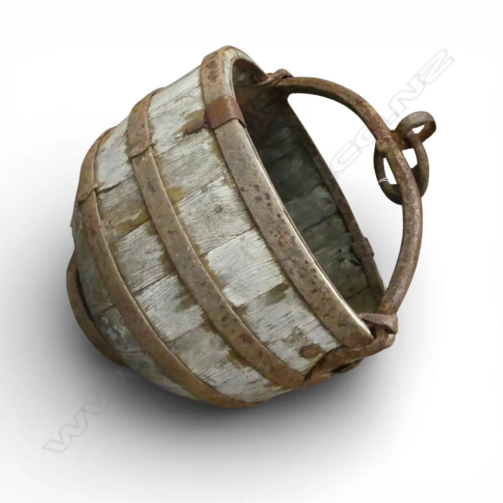 OLD WATER CARRYING BUCKET w. METAL STRAPS & CARRYING BRIDLE H.550mm Image 1++