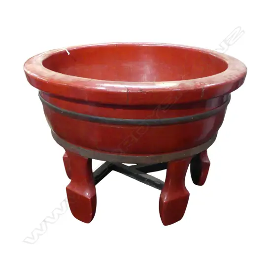ANTIQUE CHINESE RED LACQUER BASIN ON STAND H380mm, 530mm dia