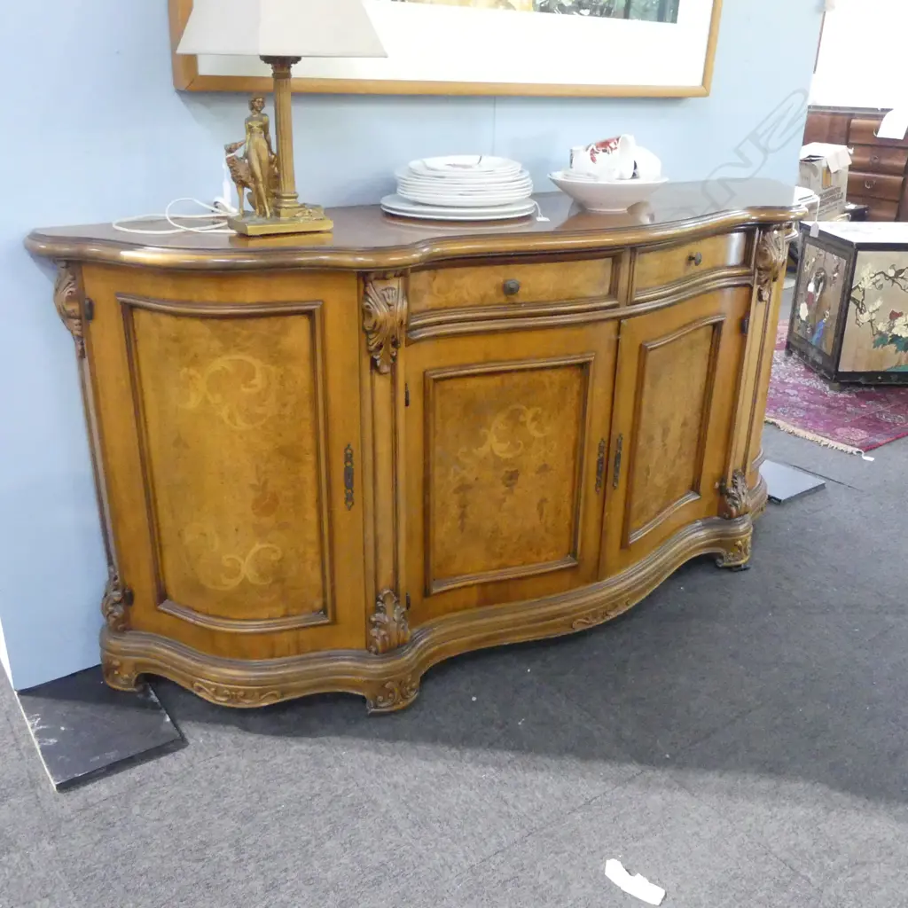 20thC EUROPEAN WALNUT SERPENTINE FRONT SIDEBOARD 2080x540x845mm Image 1++