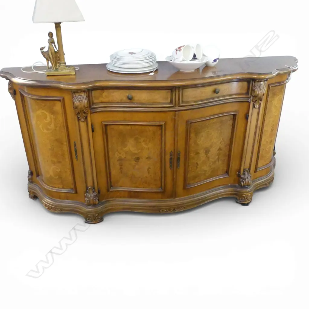 20thC EUROPEAN WALNUT SERPENTINE FRONT SIDEBOARD 2080x540x845mm Image 1++