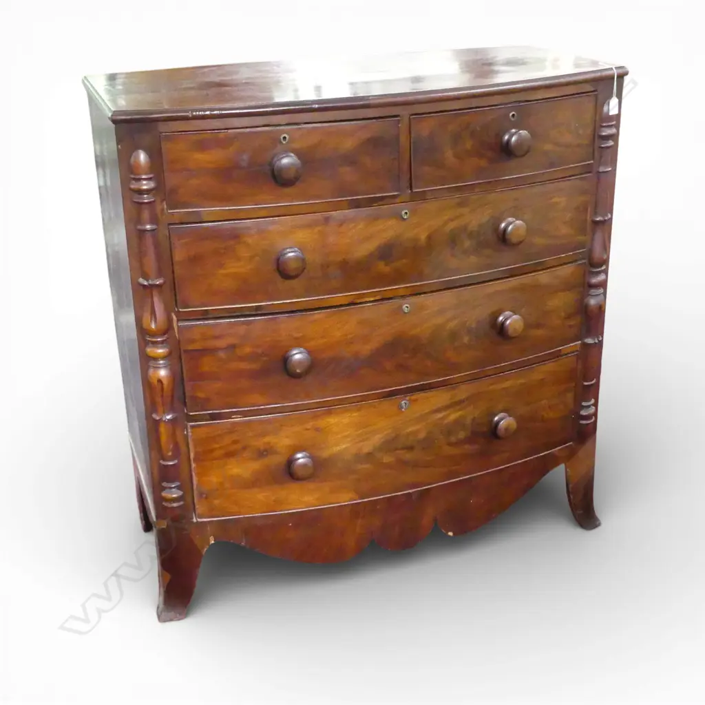 MAHOGANY GEORGIAN BOW FRONT CHEST OF DRAWERS with later details, vaneer fault 1100x515x1150mm Image 1++
