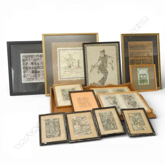 WOODEN TRAY W.600mm + ASST. ORIENTAL ARTWORKS