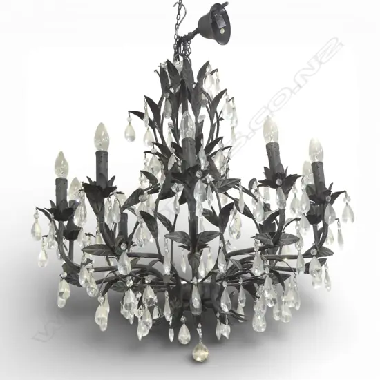 CHANDELIER 10 branch, leaf metal work, crystal droplets (some missing) H.900mm approx.